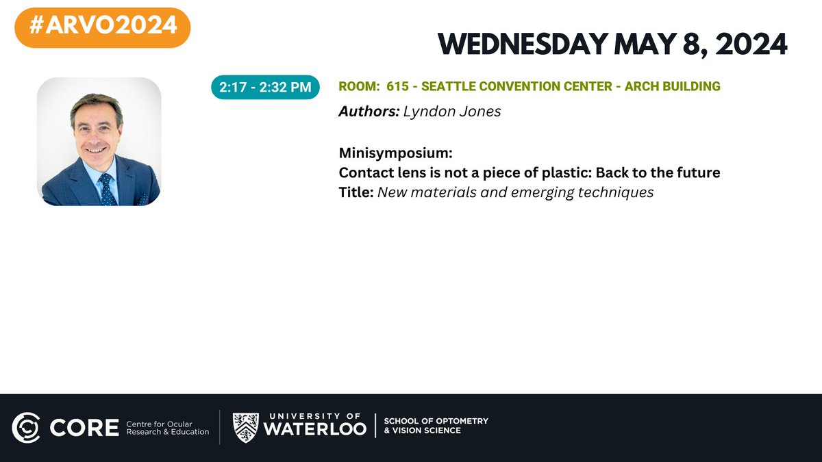 Make sure to attend the #ARVO2024 Minisymposium on 'Contact lens is not a piece of plastic: Back to the future', where CORE director Lyndon Jones will be talking about 'New materials and emerging techniques'. Please join from 2:15 - 4pm!