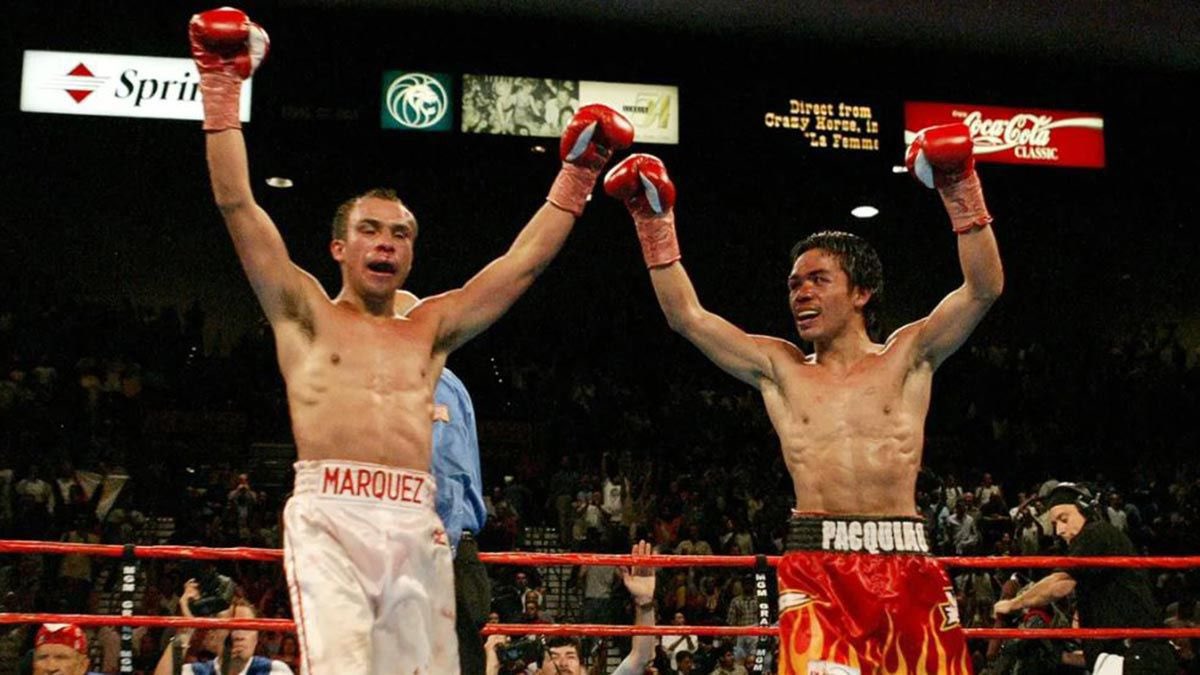 20 yrs ago May 8: Manny Pacquiao & Juan Manuel Marquez fight to 12-round draw, Marquez retains IBF/WBA 130lb titles, @MGMGrand LV. “Pac-Man” erupts early, dropping Marquez 3x in round 1 before Mexican mounts unlikely comeback in riveting war. First of 4 in all-time great series.