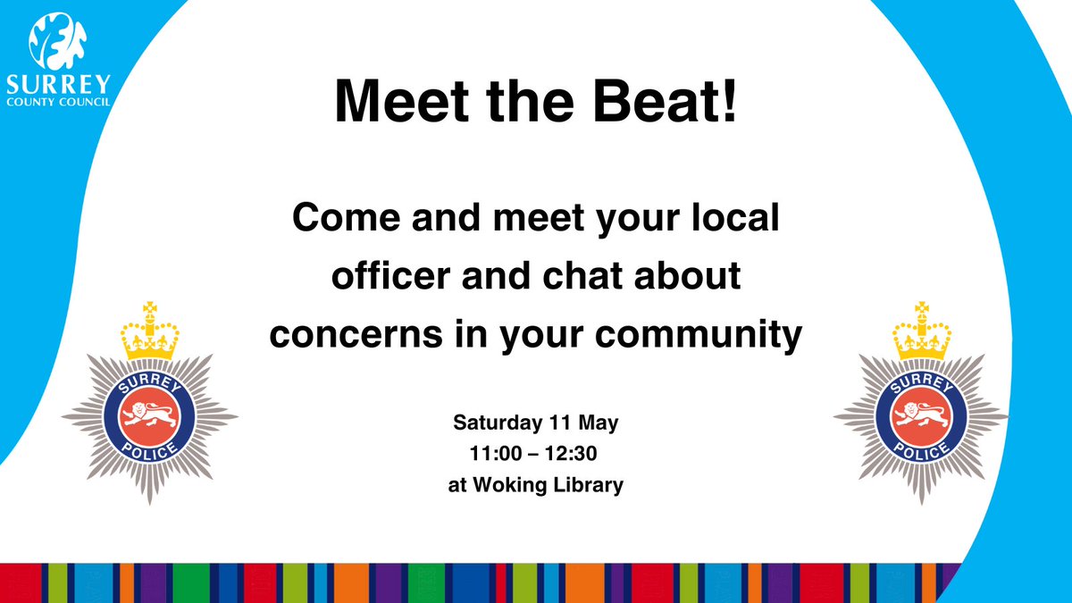 Make sure you come down to speak with your local community officers this Saturday at Woking Library! 👮 They'll be here from 11 till 12 to chat with you about any concerns you may have! ❤️ @SurreyLibraries @SurreyPolice