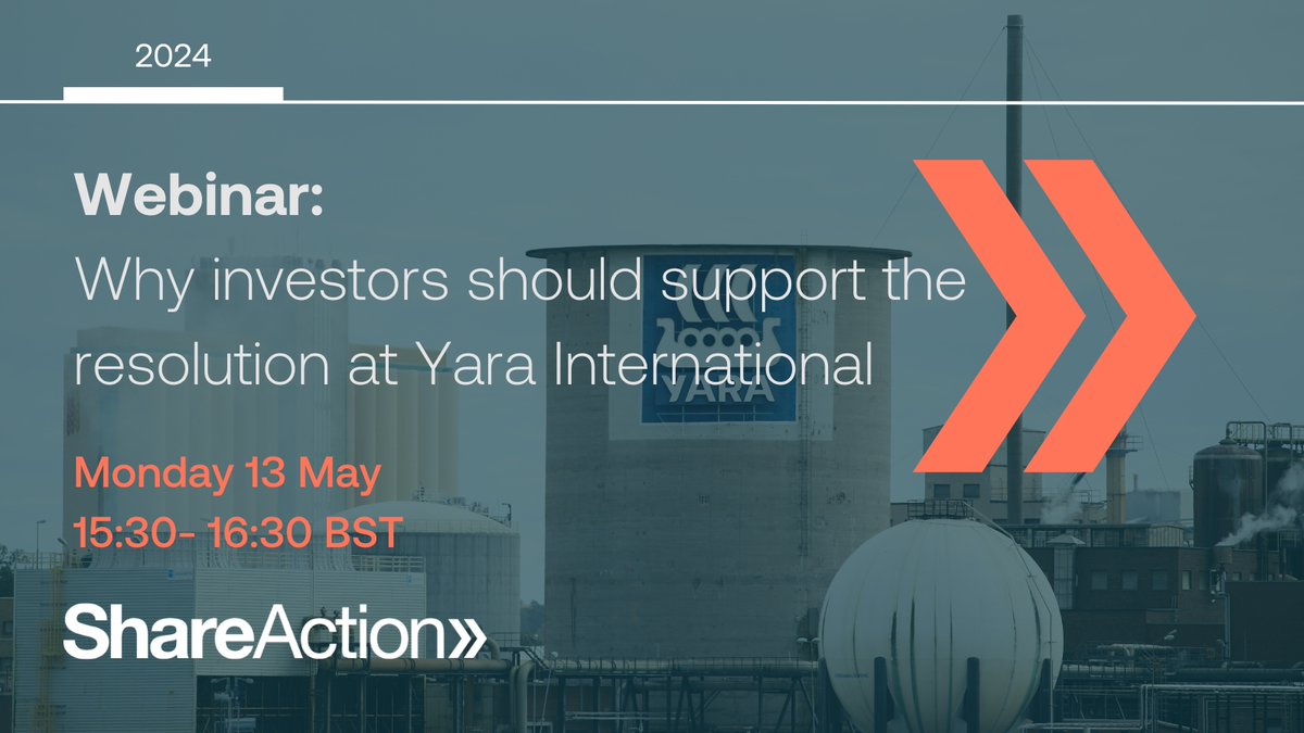 🚨Investors🚨 Shareholders have triggered a vote at @Yara's AGM, asking the company to set comprehensive, science-based emission reduction targets Sign up to our webinar where we will set out why investors should support the shareholder vote at @Yara⬇ pulse.ly/zxkzna5b9m