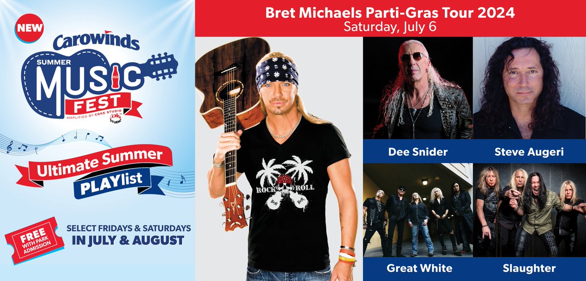 🎸 NEWS: On July 6, Bret Michaels Parti-Gras Tour 2024 will rock #Carowinds Summer Music Fest, along with special guests Dee Snider and Steve Augeri, plus Great White and Slaughter. Details: bit.ly/3y4F2K7 @bretmichaels | @deesnider | @StevenAugeri | @GreatWhiteRocks