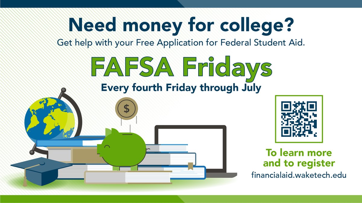 Wake Tech Financial Aid is hosting FAFSA Fridays on the fourth Friday of each month through July to help students complete the Free Application for Federal Student Aid and apply for financial assistance. Details: bit.ly/31V40qv