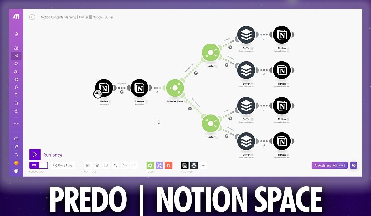 PredoNotion's tweet image. My @make_hq automation which allows me to schedule tweets (even with images) directly from Notion, for 2 different profiles!