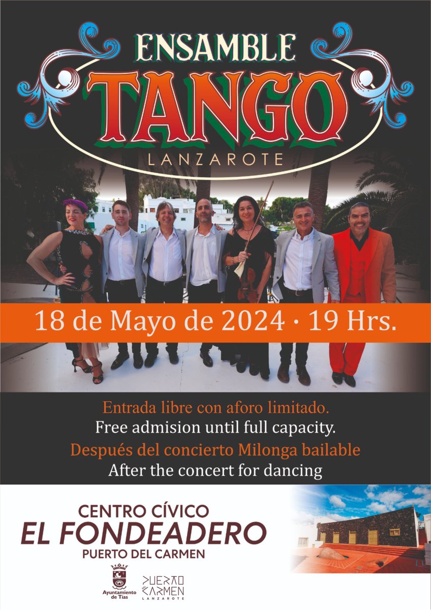 🎶 ¡Concierto de Ensamble Tango Lanzarote en Puerto del Carmen!

🗓 sábado, 18 de mayo
⏱ 19:00 horas
📍 Salón del Centro Cívico El Fondeadero
🎫 Entrada Gratuita

#CulturaTias #Lanzarote #PuertoDelCarmen #Concierto #EnsambleTangoLanzarote
