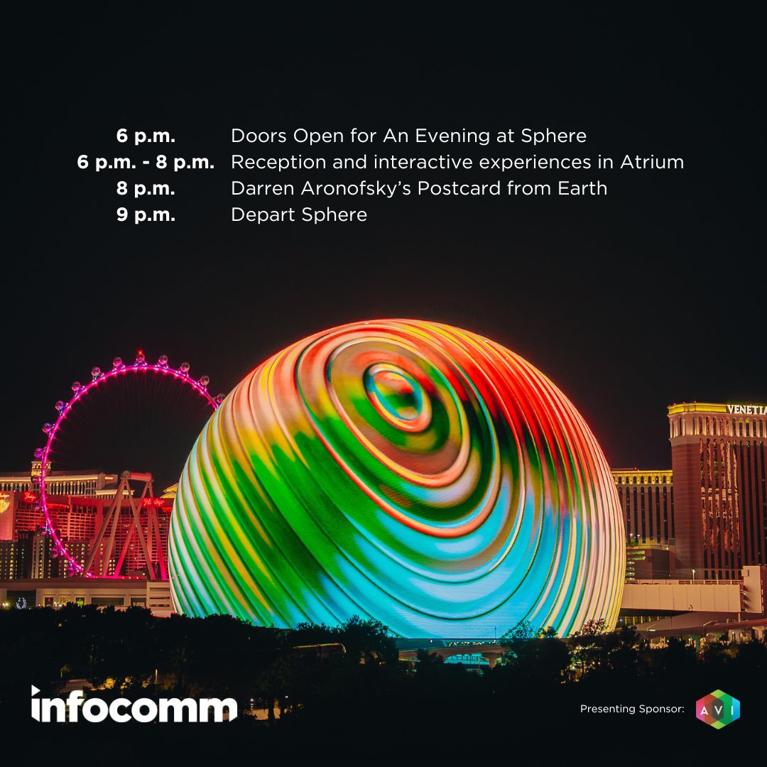 Kick off your InfoComm experience with “An Evening at Sphere” on June 11, presented by @avi.systems ! Sponsored by: amd inc., @DiversifiedUS , G&D, @IngramMicroInc , LD Systems , @planarsystems , @QSYS_AVC Add to your InfoComm registration: ow.ly/olRc50RgGFy