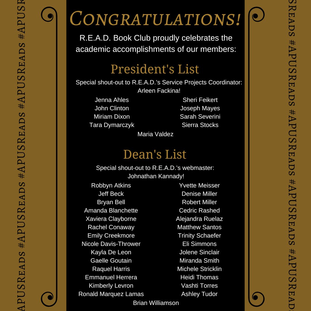 APUS_READ's tweet photo. Look at all of these club members leading the way! Congrats to all of you on your academic achievements!!!

#APUSReads #APUSOrgs #APUSCometogether #APU4life #AMU4life #APUSGrad  #APUSBravo
@AmericanMilU @AmericanPublicU @APUSPRteam https://t.co/trohTpcMcp