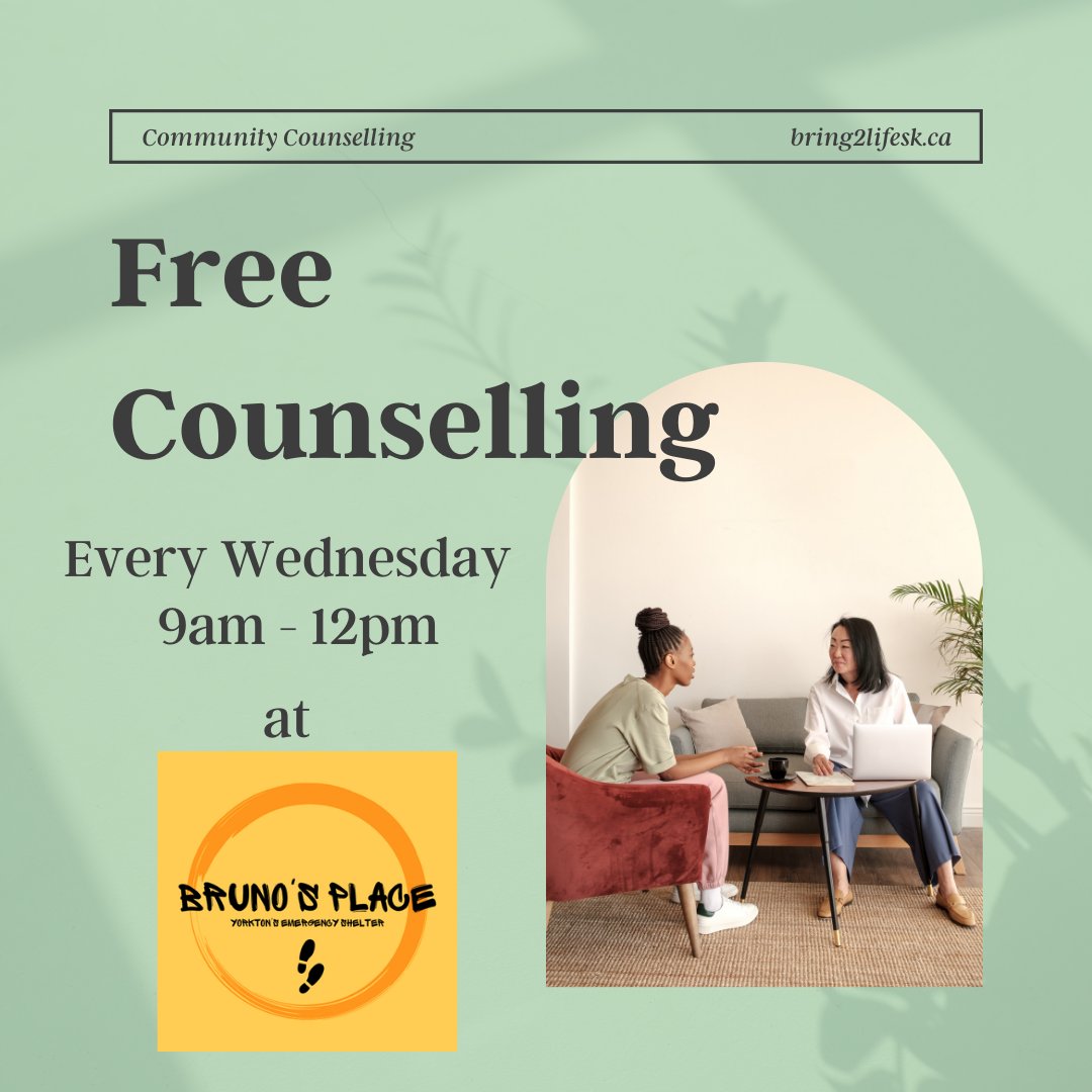 📢 Free Counselling Day at Bruno's Place - Prairie Harvest Community Center every Wednesday, 9 am to 12pm!

Walk-ins are welcome. Spread the word! #CommunitySupport 🌟

Spread the word and join us for a day of community care and empowerment! #FreeCounselling #WellnessWednesday 🌈