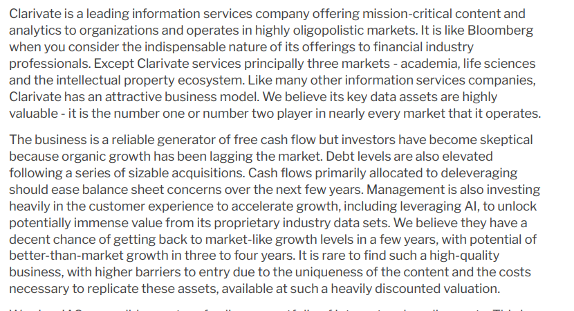 Pender Fund on Clarivate $CLVT

It is rare to find such a high-quality business, with higher barriers to entry due to the uniqueness of the content and the costs necessary to replicate these assets, available at such a heavily discounted valuation

(Extract from their Q1 letter)
