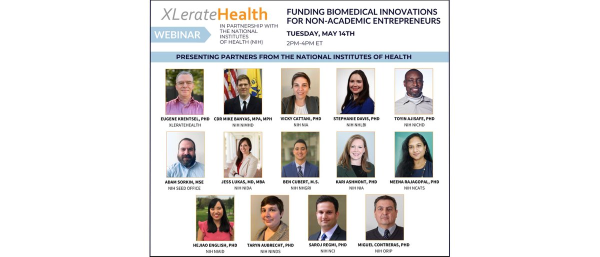 Non-academic biomedical innovators are encouraged to attend a free webinar on 5/14 @ 2 PM ET hosted by @XLerateHealth to learn more about #sbir #sttr #smallbiz funding from the NIH. Register: buff.ly/3wiBHqi