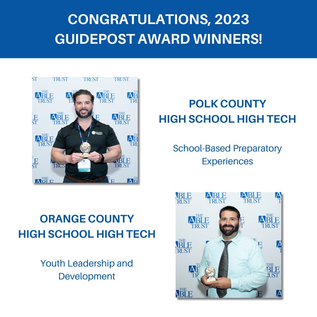 Wrapping up the 2023 #FloridaHSHT Guidepost Awards, congratulations to Polk County (School-Based Preparatory Experiences) and Orange County (Youth Leadership and Development) on your standout efforts! Read all about it at abletrust.org/2024-high-scho…! @polkschoolsnews @OCPSnews