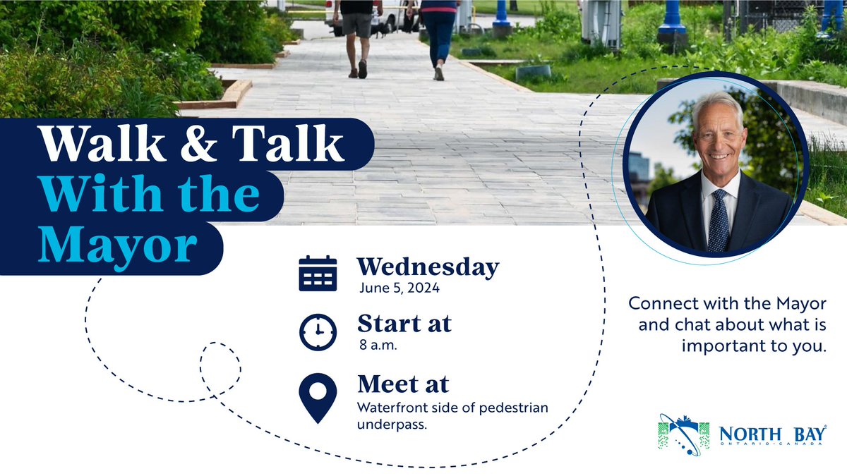 Kickstart your day by joining Mayor Peter Chirico June 1, at 8 a.m. for a morning strolls along the North Bay Waterfront. Take in the fresh air, and engage in discussions about city matters. Meet at the Waterfront side of the pedestrian underpass. (by the statue)