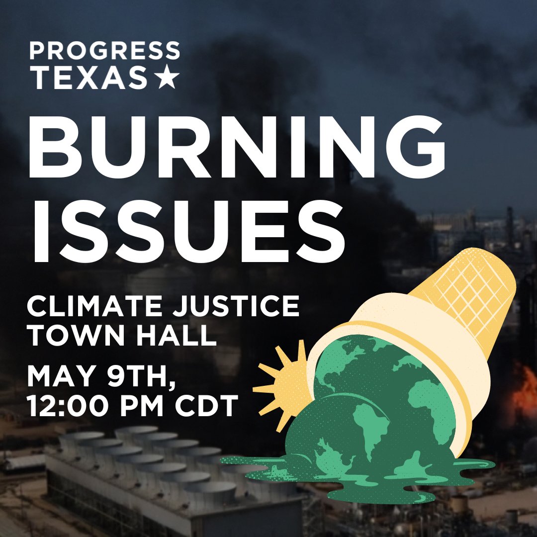 Attend the Burning Issues Town Hall hosted by Progress Texas TOMORROW to learn about Texas' climate justice efforts. Naomi Yoder, #BullardCenter's GIS Data Manager, and frontline leaders will examine the risks and costs of prioritizing Big Oil and Gas. ▶️ act.progresstexas.org/a/townhall_24
