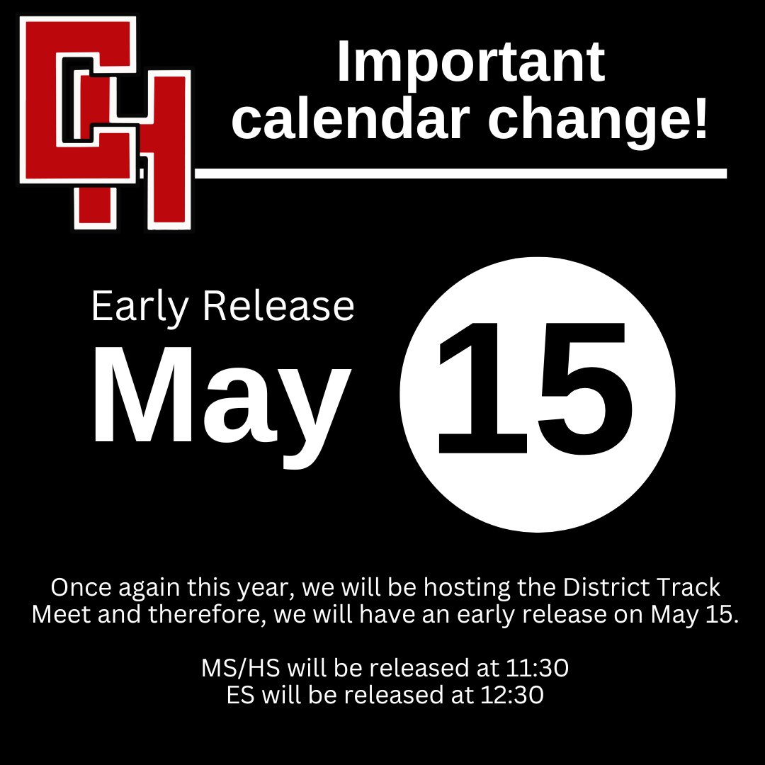 Once again this year, we will be hosting the District Track Meet. There will be an early release on May 15. ⏰ MS/HS will be released at 11:30 ⏰ ES will be released at 12:30
