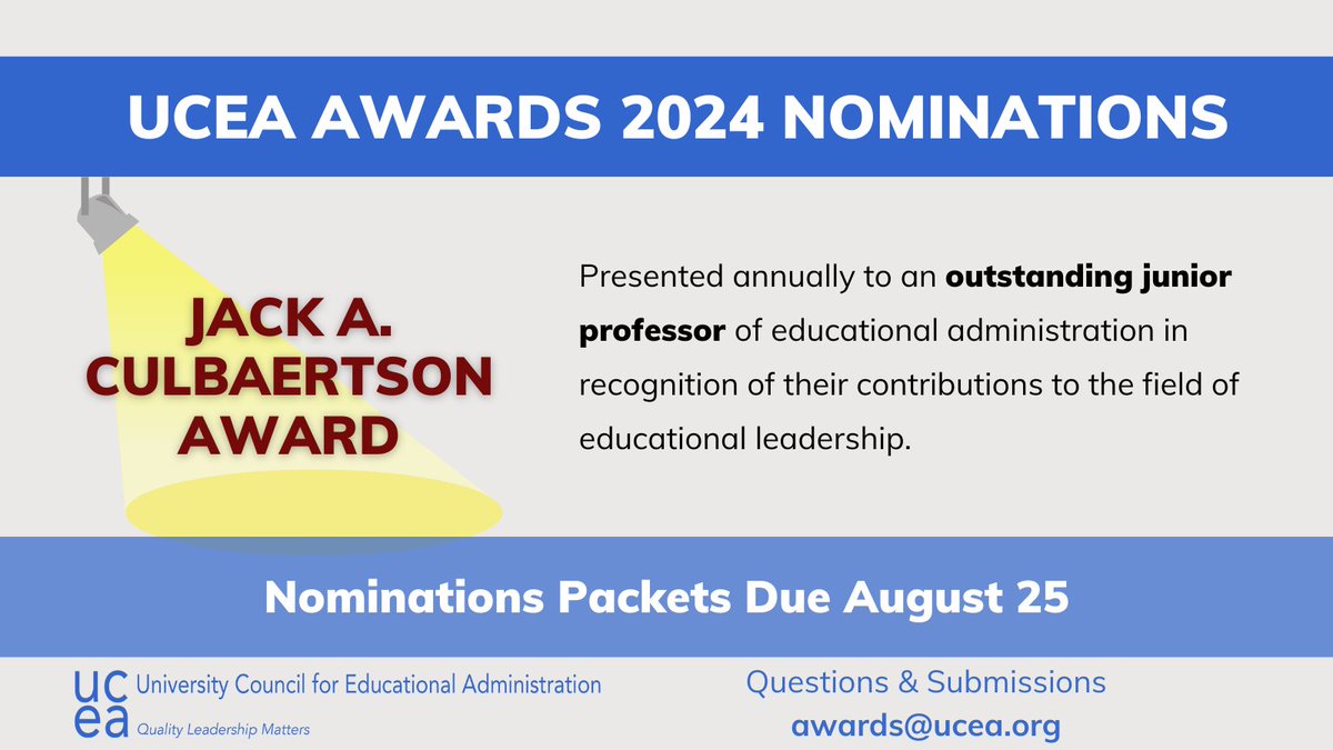 #UCEA24 Awards are open for nominations! Want to recognize a #UCEAwesome junior colleague? Nominate them for the Jack A. Culbertson Award! #LeadershipMatters @DrMoniByrne @UCEAGSC @UCEAJSN For more information: ucea.org/award_jack.php