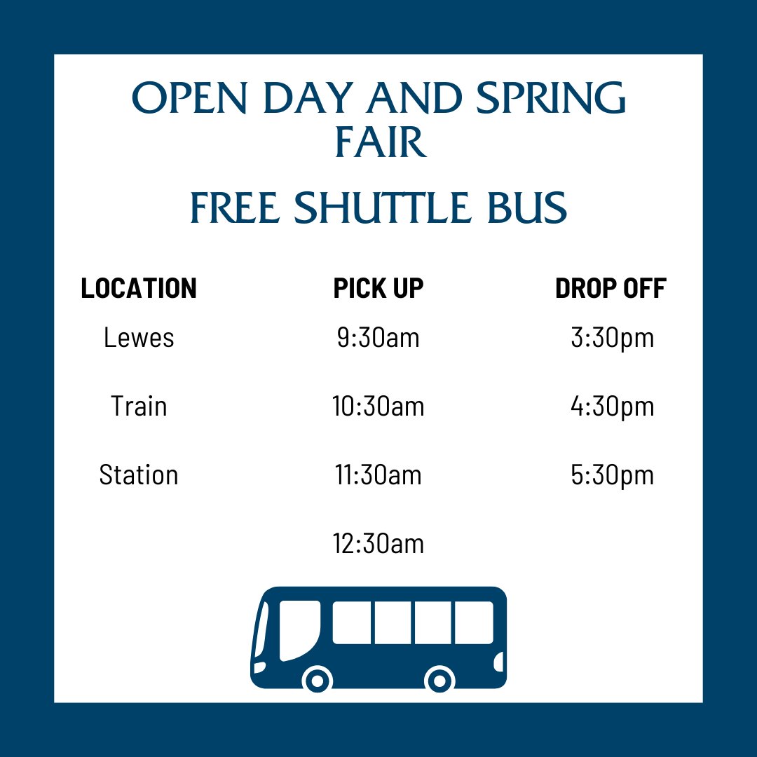 ☀️ We wanted to make our Open Day and Spring Fair as accessible as possible for everybody so we are putting on a free shuttle bus running to and from Lewes Train Station throughout the day! Check out the times it's running and buy your tickets today: ➡️ eu1.hubs.ly/H08_vfR0