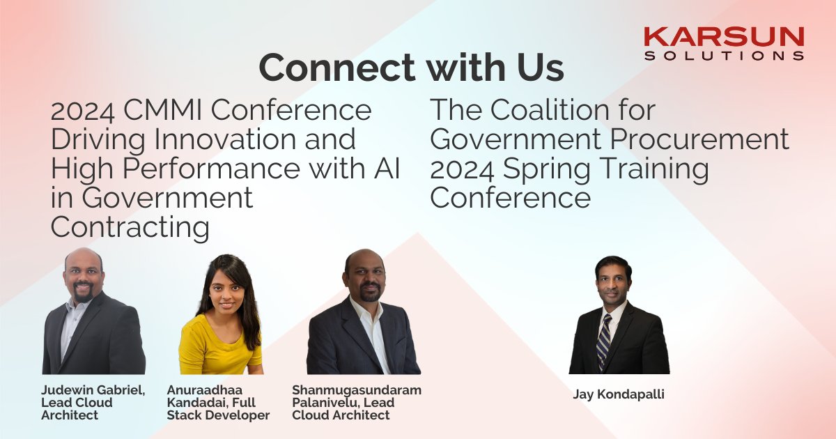 Catch up with Team Karsun! Experts from our Innovation Center share our experience leveraging AI for code generation at the 2024 CMMI Conference. Connect with Jay Kondapalli at the Coalition for Government Procurement Spring Training Conference. #ai #codegeneration #procurement