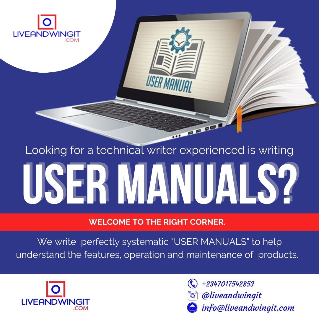 Looking for simplicity? At Liveandwingit, we specialize in creating user manuals that are perfect, easy-to-follow and tailored to your products or services. Let's streamline your user experience. 

#UserManuals #user #manual #UserExperience #technicalwriting #writing #technical