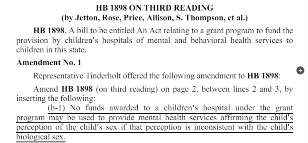 There has been a lot of misinformation regarding @reptinderholt's amendment on #HB1898. Let me end it. Anyone who voted NO on this amendment unequivocally voted to allow hospitals to use tax dollars to 'provide mental health services affirming [a] child's perception of [their]…
