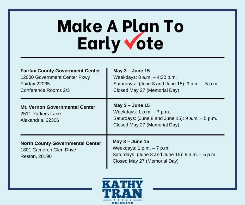 Early voting has begun for the June 18 primary! There are three locations open to early vote in Fairfax County. Make a plan to get out and vote! More information here: fairfaxcounty.gov/elections/earl…