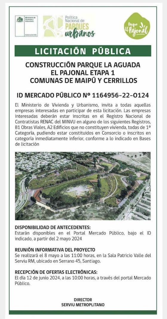 Licitación de un parque ESENCIAL para Santiago: el parque La Aguada el Pajonal. Participa aquí mercadopublico.cl/Procurement/Mo…