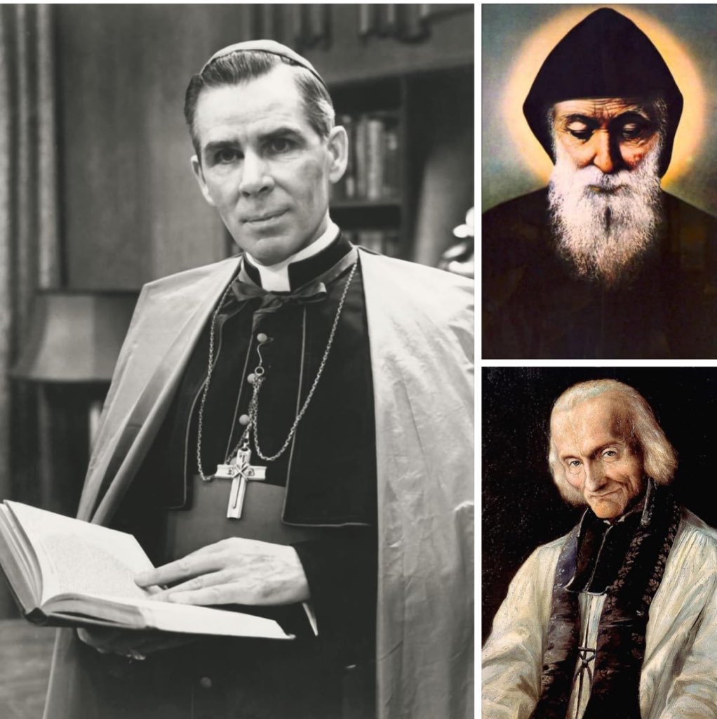 This is amazing Archbishop Fulton J. Sheen, St. Charbel, and St. John Maria Vianney, all celebrate birthdays on May 8th.
