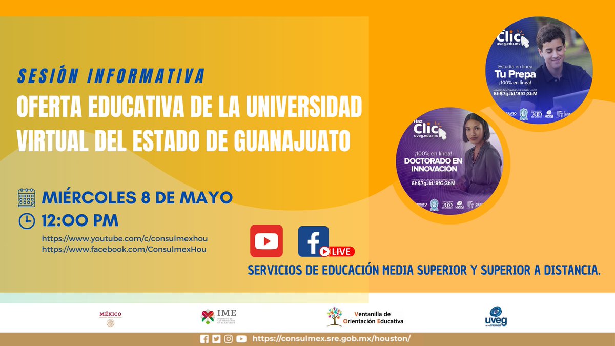 La Universidad Virtual del Estado de Guanajuato te presentará su oferta académica este 8 de mayo a las 12:00 hrs. Sigue la transmisión y conoce los programas que puedes estudiar de manera virtual. ¡Además tienen programas de idiomas gratuitos! #VentanillaDeOrientación Educativa