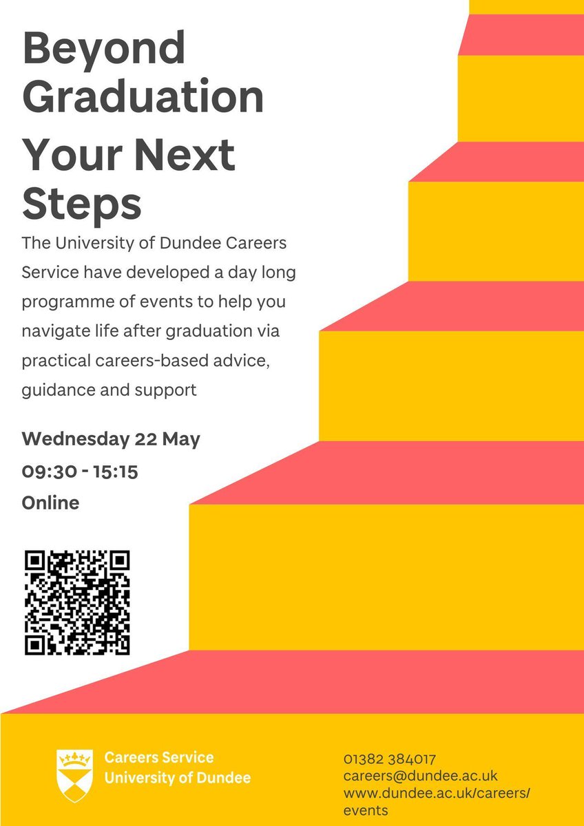 Graduating in 2024 or a recent alumni of UoD? UoD Careers have developed a 1 day-long programme of online events on Wed 22/05 to help you navigate life after graduation via practical careers-based advice, guidance & support. Register buff.ly/3WpfaCS #ExploreDevelopConnect