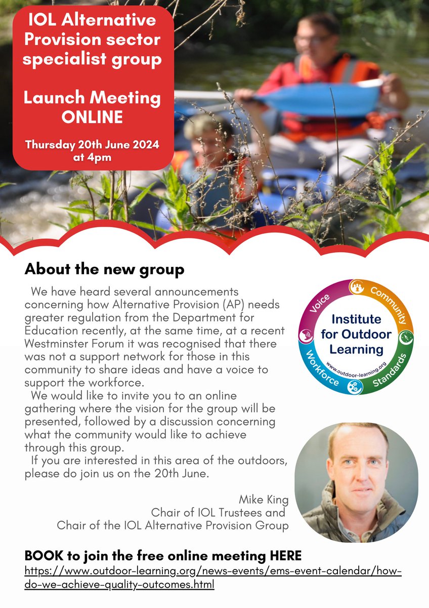 IOL Alternative Provision sector specialist group -
launch meeting.
Thursday 20th June at 4pm.
If you are interested in this area of the outdoors, please do join us - it is free. More info + book here.
outdoor-learning.org/news-events/em…
#alternativeprovision #outdoorlearning