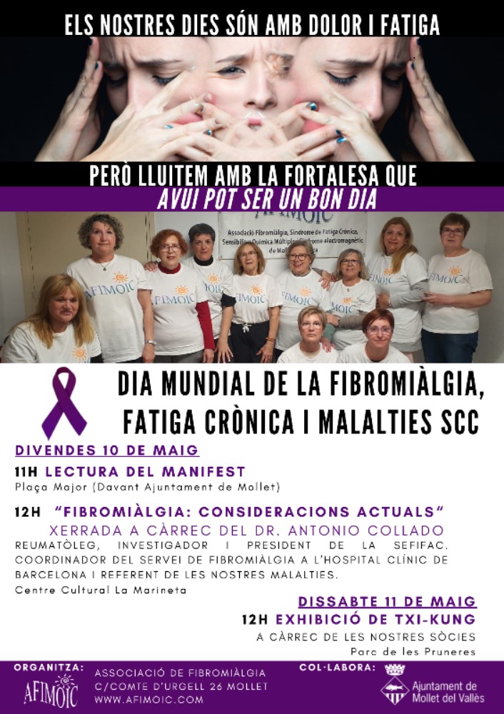 ajmollet's tweet photo. 💜Mollet commemora el Dia Mundial de la Fibromiàlgia i de la Síndrome de la Fatiga Crònica

🗣️Lectura del manifest divendres 10 de maig
🕚A les 11 h 
📍Davant la Casa de la Vila 

Consulta la resta d'actes 👇 https://t.co/bXI0rtqPLg