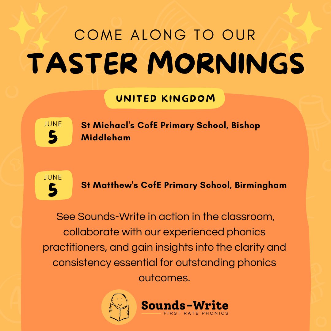 See Sounds-Write in action in the classroom! Our upcoming Taster Mornings: St Michael's CofE Primary School 05-Jun-2024 09:00 AM Cost: Free Email stmichaels@oneexcellence.co.uk St Matthew's CE Primary School 05-Jun-2024 09:00 AM Cost: £70 Email n.french@st-matthews.bham.sch.uk