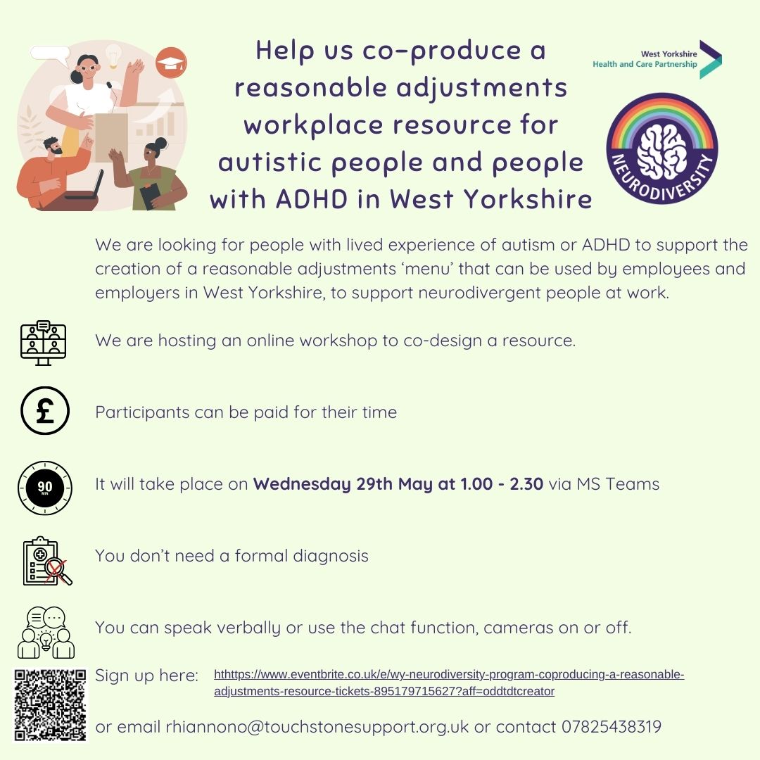 Workplace reasonable adjustments menu coproduction workshop for autistic and ADHD adults in West Yorkshire. New date: Wednesday 29th May.