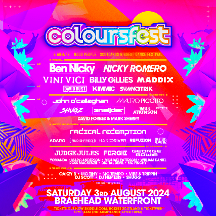 Coloursfest heads to Glasgow's Braehead Arena on 3 Aug, with Ben Nicky, Radical Redemption, Nicky Romero & many more great names on the line-up. >> bit.ly/4b8pfbE @bennicky @RdclRedemption @nickyromero