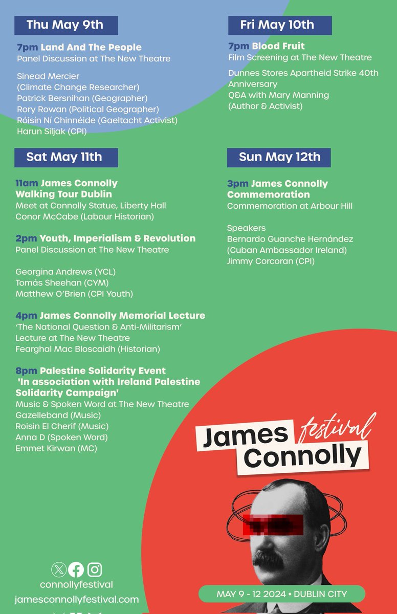 @ConnollyFest starts tomorrow (Thurs) Talking 'Land & the People' with @roiseeen @sineadmercier, @E73HS, Rory Rowan & hopefully students from TCD encampment at 7pm in @The_New_Theatre @ConnollyBooks Great set of events over the weekend: eventbrite.com/cc/james-conno…