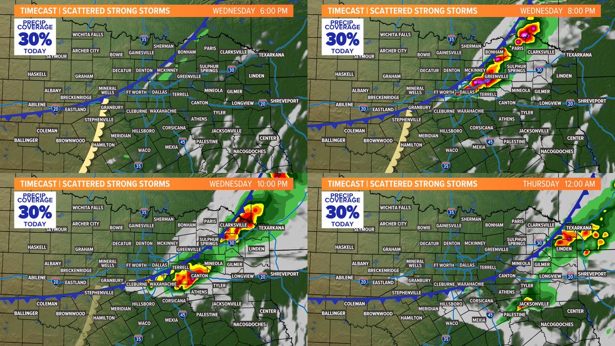 Most won't see storms today. If storms form, it'll be from 3pm -10pm. Storms that DO form today could be severe, especially northeast/east of DFW. The main concern today will be large hail and strong winds. There is an isolated tornado threat, but it is low. #wfaaweather