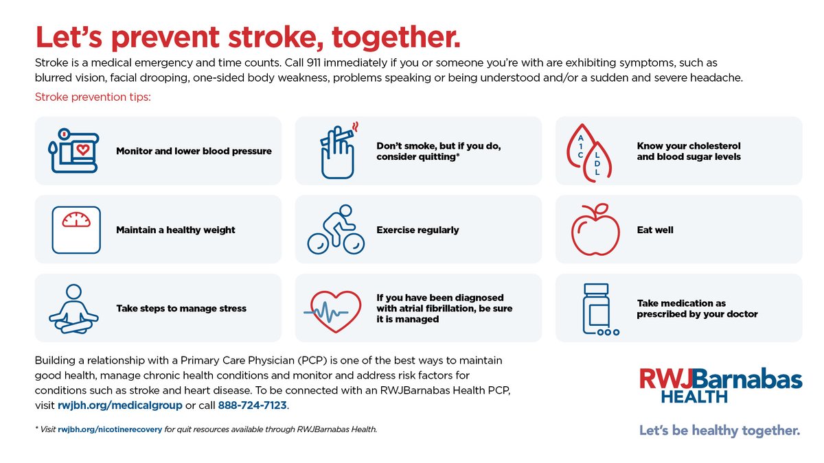 Stroke is a leading cause of death or disability. Maintaining good health, managing chronic health conditions and addressing risk factors are our best defense in preventing stroke, together. For more information about stroke, visit rwjbh.org/stroke #LetsBeHealthyTogether