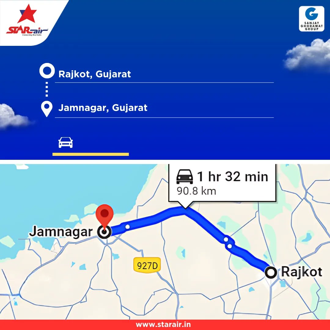 Discover new horizons just 1.5 hours from Rajkot! With Jamnagar Airport as your launchpad, Connect to Hyderabad and Bengaluru from Jamnagar. #DailyFlights #FlywithStarAir #StarExperience #ConnectingRealIndia #EmbraerE175 #E175 #Embraer #ExclusiveConnection #SanjayGhodawatGroup