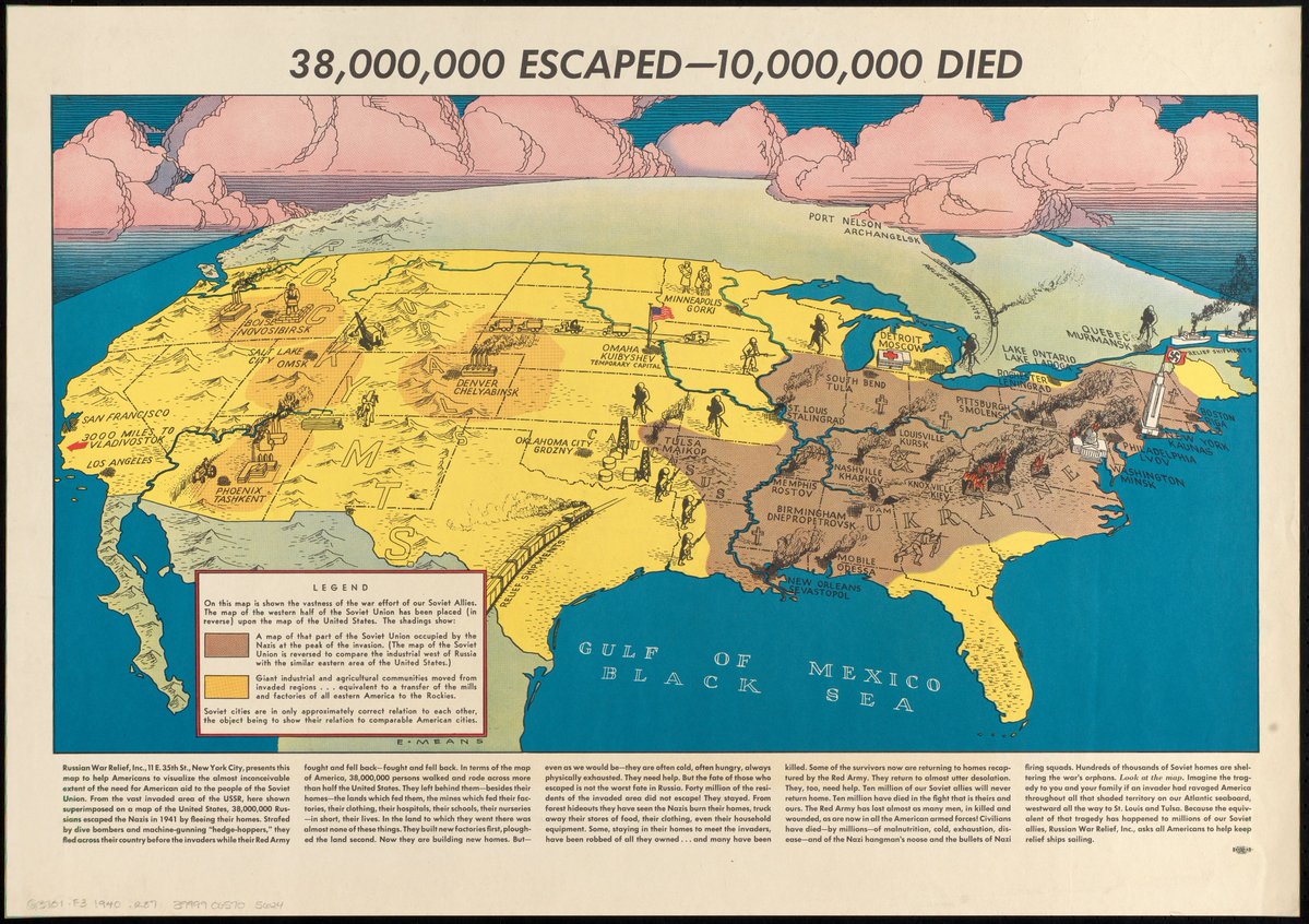 One of the most unique maps I've ever seen. Printed during WW2, it superimposes the Nazi invasion of the USSR over a map of the US, to give a sense of the suffering and loss the Soviets were facing. St. Louis stands in for Stalingrad, Detroit for Moscow.