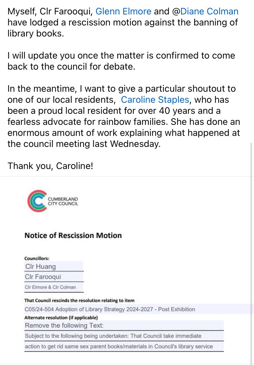 More late night developments out of Cumberland Council: the Labor councillors who voted against the book ban have lodged a recision motion If they all turn up (two weren’t present during vote last week) they would have majority (even with one Labor colleague voting for the ban)