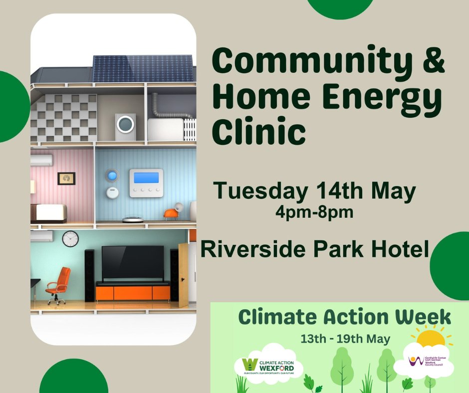 Energy Advice Expo for home owners & community groups Tuesday 14th  May in Riverside Park Hotel, Enniscorthy. 

Advice from the experts on energy efficiency, upgrades & grants. Drop in & browse the stands any time between 4pm and 8pm or book a free one-to-one consultation ⬇️.