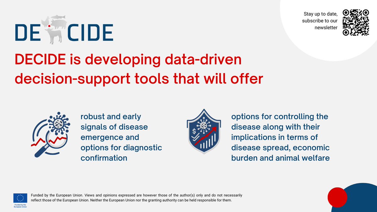 Let's recap our goals.
Farmers and other animal health managers lack crucial info on non-EU regulated aminal diseases. DECIDE develops data-driven tools for early disease signals and control measures. Stay updated, subscribe to our Newsletter: eepurl.com/iCcakI