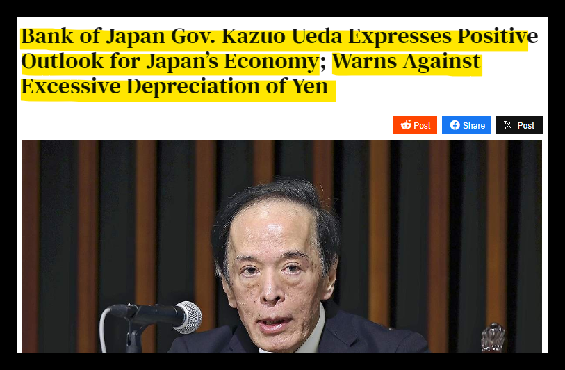 Bank of Japan Gov. Kazuo Ueda Expresses Positive Outlook for Japan’s Economy; Warns Against Excessive Depreciation of Yen
Bank of Japan Gov. Kazuo Ueda expressed his views on the current economic situation in Japan, saying “Underlying inflation in Japan is firmly moving toward…
