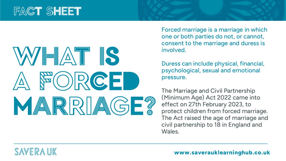 What is a forced marriage? Forced marriages should not be confused with arranged marriages where both parties and their families consent to the marriage without the pressures associated with a forced marriage. Find out more using our fact sheet: saverauklearninghub.co.uk/forced-marriag…