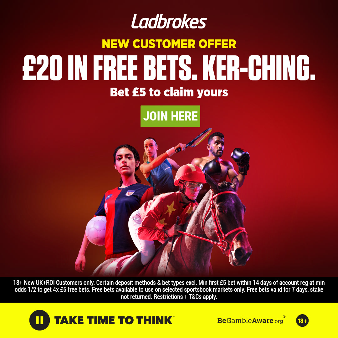 New customers can bet £5 and get £20 in free bets with Ladbrokes today! Here 👉 bit.ly/3GSPcxF Place a £5 bet at odds of 1/2 or greater and get 4 x £5 free bets! 18+ begambleaware, new customers only, #ad T&Cs apply. UK & IRE only.
