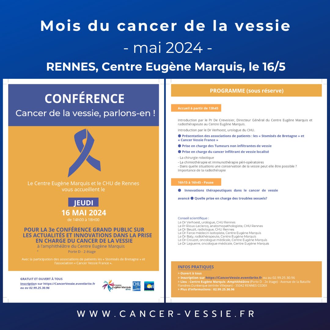 📣 𝗔𝗖𝗧𝗜𝗢𝗡𝗦 𝗘𝗡 𝗥𝗘𝗚𝗜𝗢𝗡 - 𝗥𝗘𝗡𝗡𝗘𝗦! 🔶𝗤𝘂𝗼𝗶 - Conférence Grand public sur les Actualités et Innovations dans la prise en charge du Cancer de la Vessie 🔶𝗤𝘂𝗮𝗻𝗱 - le 16 mai, 14h-18h 🔶𝗢𝘂̀ - C. Eugène Marquis, Amphi-Porte D-2é👉CancerVessie.eventbrite.fr