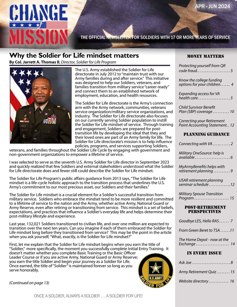 The new issue of #ChangeOfMission, the official newsletter for Soldiers with 17+ years of service, is live! Featured articles include a discussion about why the #SoldierForLife mindset matters from SFL's Director, COL Jarrett Thomas: soldierforlife.army.mil/Documents/Chan….