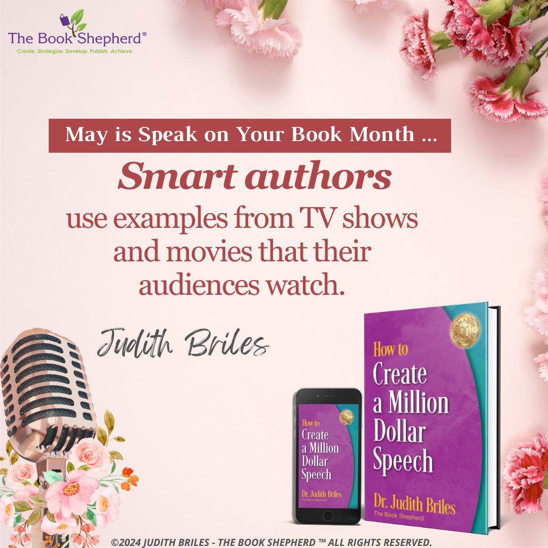 May is Speak on Your Book Month ... Smart authors use examples from TV shows and movies that their audiences watch.

bit.ly/MillionDollarS…
#JudithBriles  #WednesdayWrite #SpeakOnYourBook #AuthorsOfInstagram #BookMarketing #AuthorLife #WritingCommunity #WritersLift