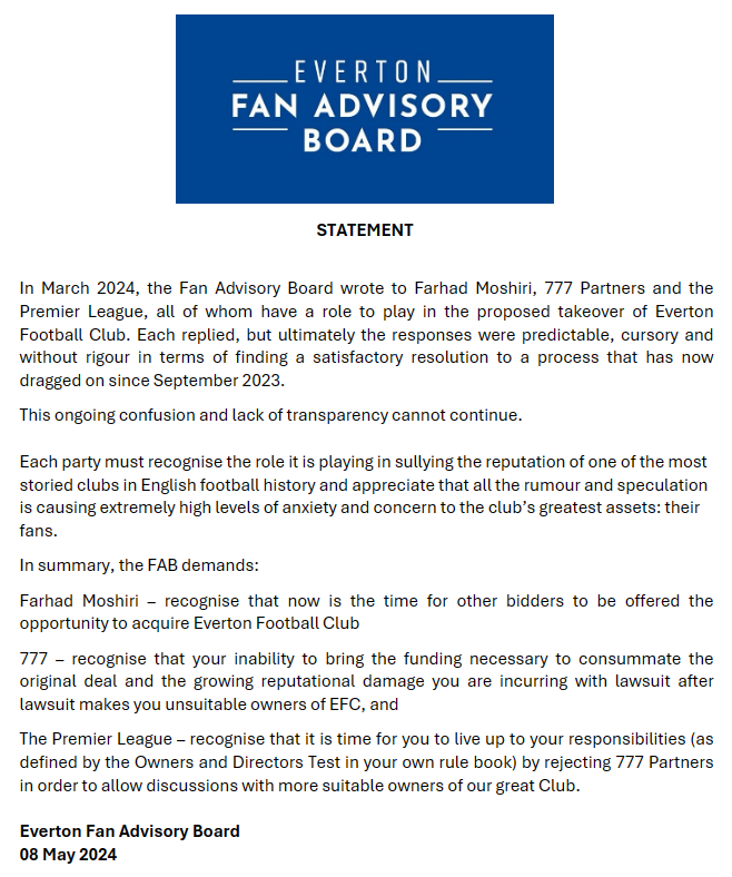 Please find our statement below. Ahead of our scheduled (separate) meetings with both Mr. Moshiri and EFC in the 3rd week of May, we have additionally requested an emergency meeting with the club to express our concerns and seek clarification for the benefit of our supporters.
