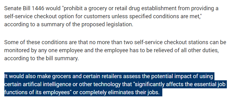 'California bill could remove self checkout at grocers, certain retailers' foxbusiness.com/lifestyle/cali… Anyone wanna bet this is more about labor than theft?