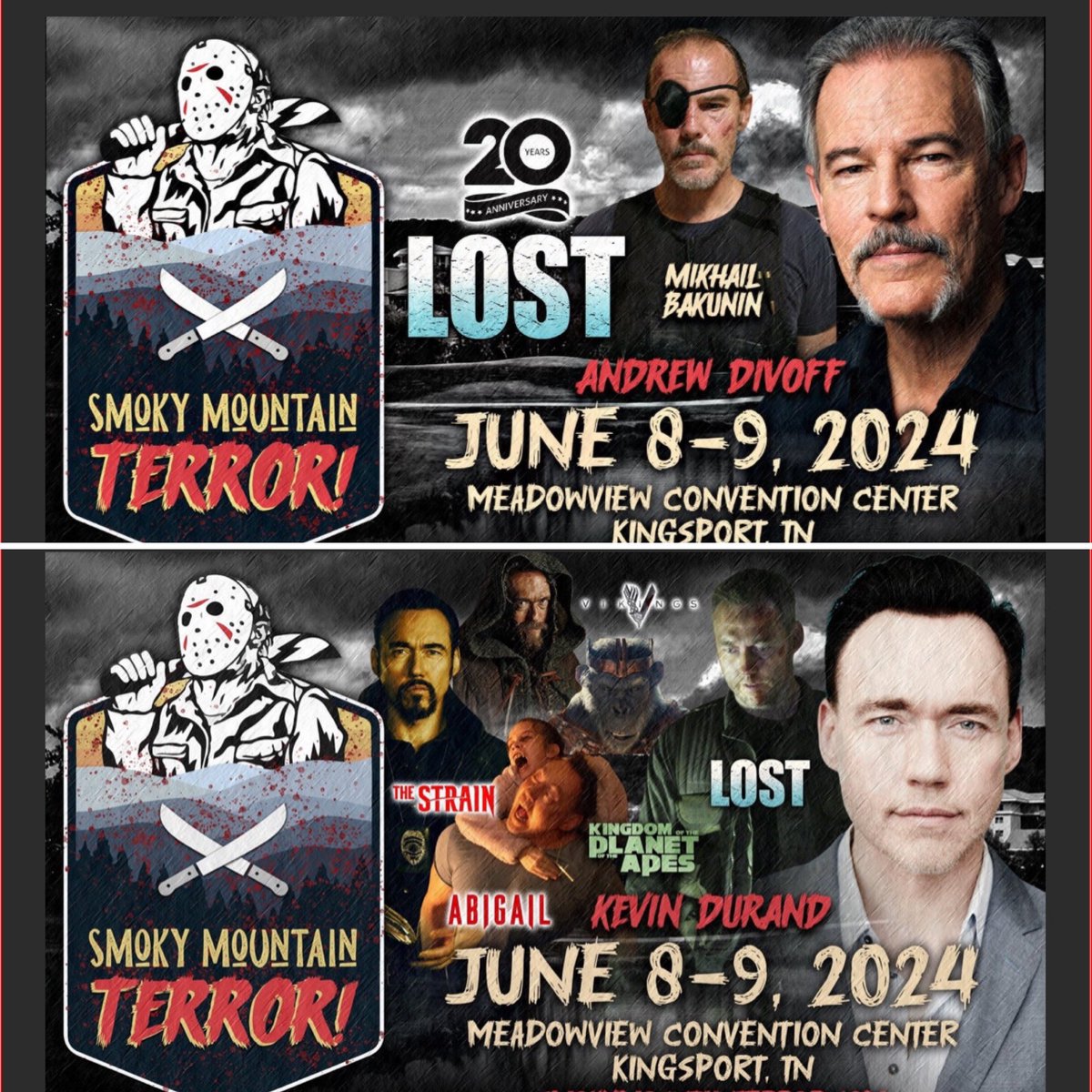 ONE month from today join Ian and some of his #LOST cast mates at #SmokeyMountainTerrorCon in Tennessee! June 8 and 9!!  smokymountainterror.com
#HenryIanCusick #MaggieGrace #JeremyDavies #MalcolmDavidKelley
 #AndrewDivoff
#KevinDurand