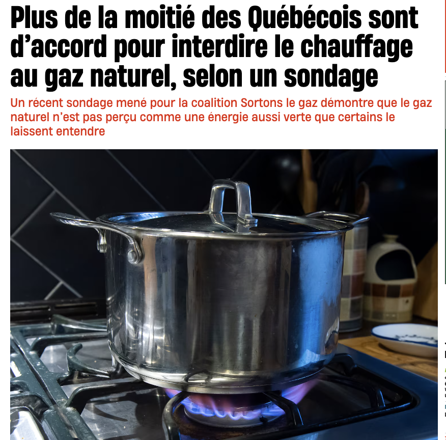 ‼️59% des Québécois(es) veulent que le chauffage au gaz soit interdit dans les nouvelles constructions en raison des impacts environnementaux &amp; des risques pour la #santé
‼️56% croient que le remplacement d'équipements devraient être interdit #climat #air
journaldemontreal.com/2024/05/08/plu…